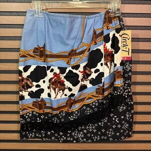 Vintage Circle T Multi-Print Western Fringe Skirt in Blue, Black, White, Gold